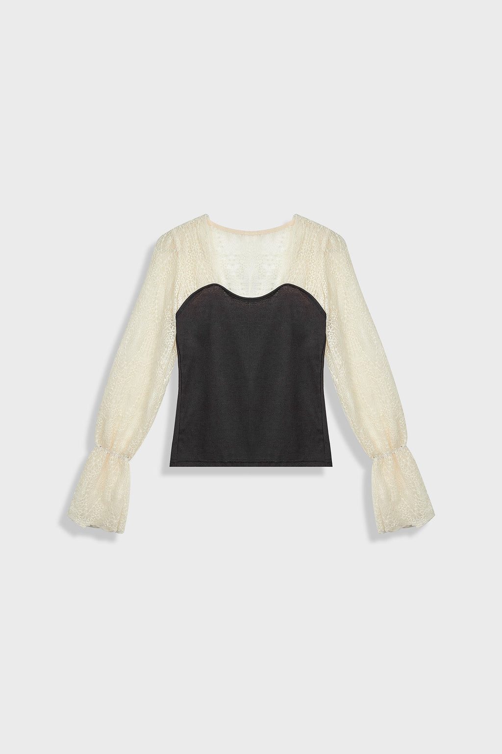 Black Ribbed Lace Long Sleeve Blouse