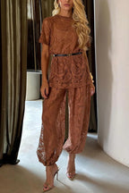 Winonah Mesh Lace Short Sleeve Top and Elastic Waist Loose Lantern Pants Set