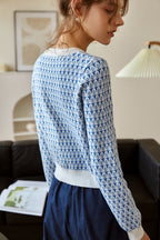 Light Blue Crew Neck Long Sleeve Short Cardigan