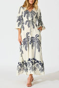 Tropical Palm Print V-Neck Waisted Maxi Dress