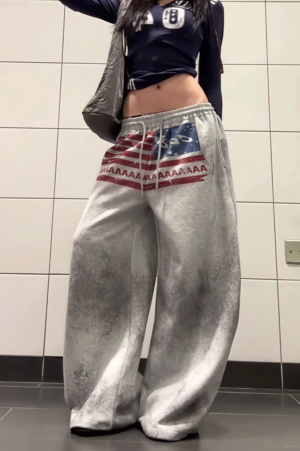 Retro Gray Graphic Drawcord Baggy Sweat Pants