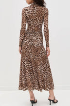 Retro leopard print high collar slim floor-length dress