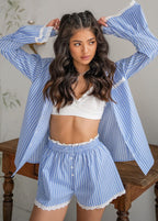 Blue Stripe 2-Piece Set – Long Sleeve Shirt & Lace-Trim Shorts
