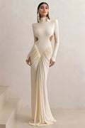 Slim Solid Long Sleeve High Neck Ruched Backless Formal Dress