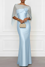 Lucero 3D Floral Satin Boat Neck Short Sleeve Sheath  Capelet Gown Maxi Dress
