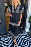 Multi-Color Ethnic Embroidered V-Neck Short Sleeve Tiered Midi Dress