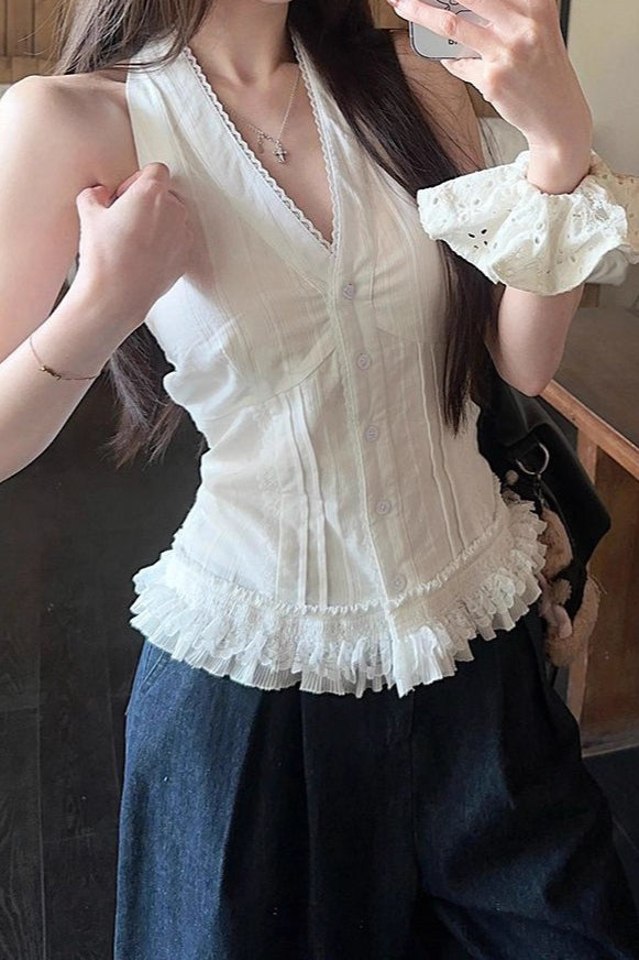 White Lace Trim V Neck Halter Waist Tie Tank Top