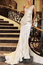Little Mermaid Tulle Cutout Fish Scales Side Bow Pleated Satin Hem Gown Maxi Dress