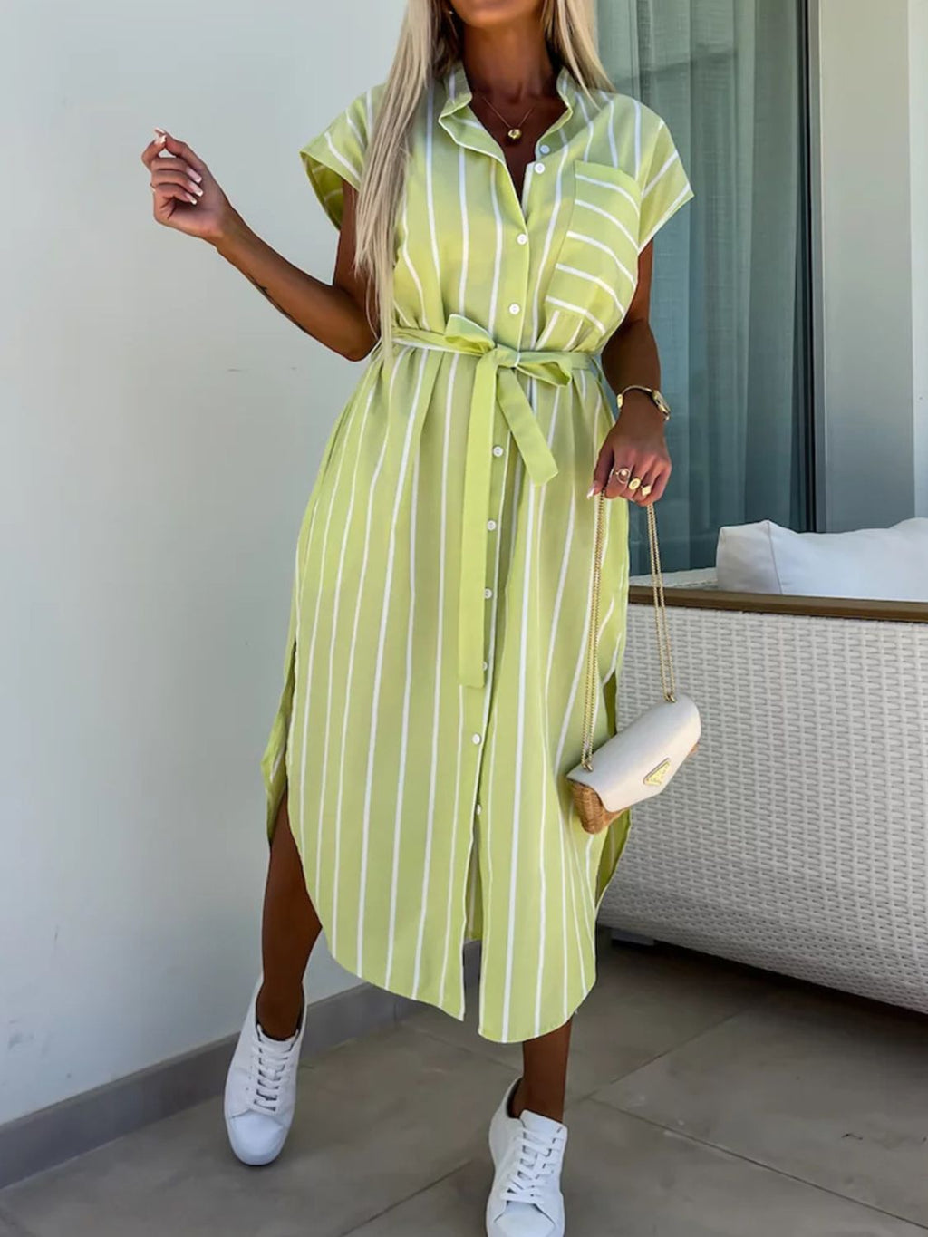 Charlotte Elevated Striped Midi Dress with Buttons Everyday Luxe Edit