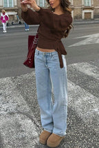 Solid Color Crossover V-neck Tie Elegant Long-sleeved Knit Top