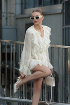 Ruffled Tie V Neck Long Sleeve A Line Mini Dress