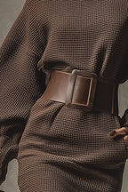Solid Color Lantern Sleeve High Waist Belted Knitted Mini Dress