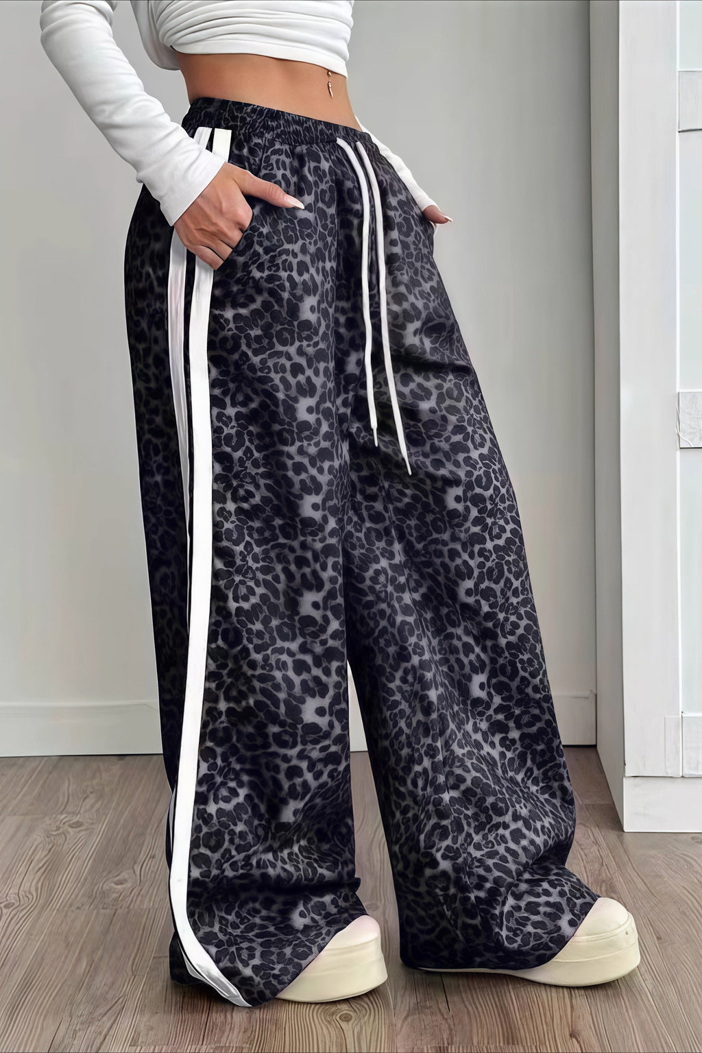 Leopard Print Spliced Casual Pants
