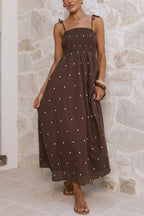 Fashionable Polka Dot Print Suspender High-waisted Pleated Casual Maxi Dress