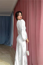 V Neck Printed Waist Belted Elegant Long Sleeve Slim Maxi Floral Dress