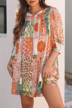 Orange Boho Paisley Mixed Print 3 4 Sleeve Chiffon Loose Dress
