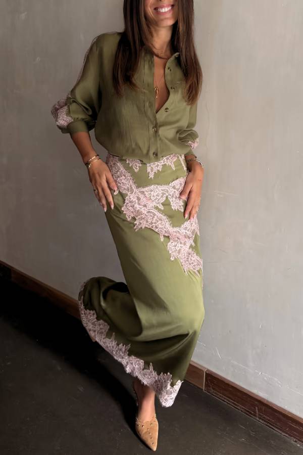 Eye-catching Work Contrast Color Lace Trim Button Up Long Sleeve Loose Blouse