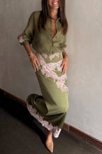 Eye-catching Work Contrast Color Lace Trim Button Up Long Sleeve Loose Blouse
