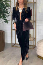 Classic Elegant Pleated Deep V Slit Party Maxi Dress