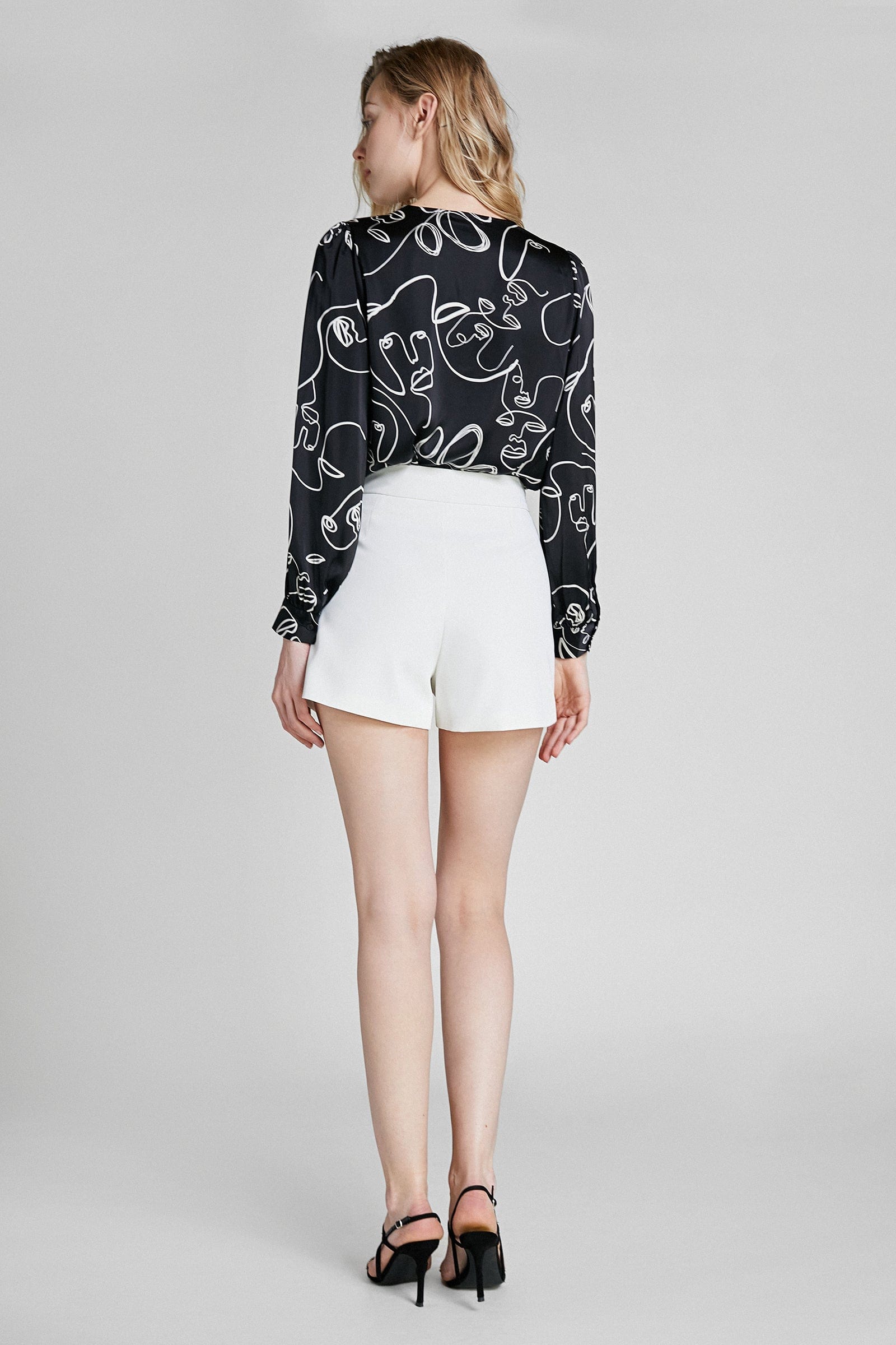 Black Abstract Face Print Surplice Shirt