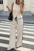 Stylish Color-blocked Trim Sleeveless Button Vest and Elastic Waist Pocket Casual Wide-leg Pants Suit