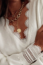Lace Panel Pullover Long Sleeve Blouse