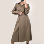 Brown Surplice Pleat Detail A-Line Maxi Shirt Dress