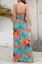 Spaghetti Strap Tropical Print Waist-Cinched Maxi Dress