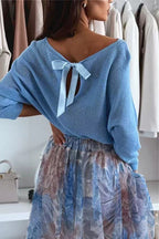 Boat Neck Bow Back Cut Out Pullover Sweater