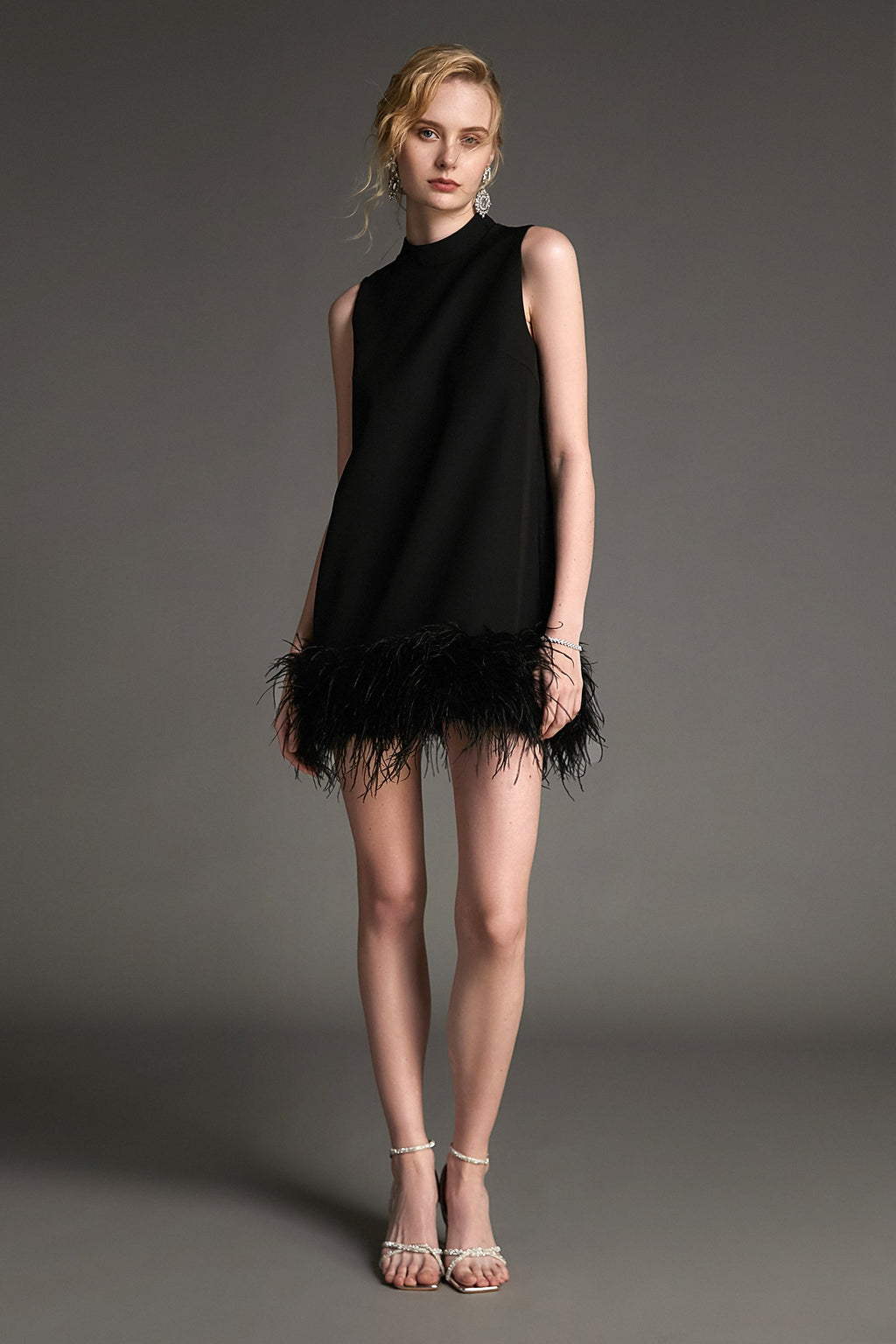 Black Sleeveless Mock Neck Feather-Trimmed Mini Dress