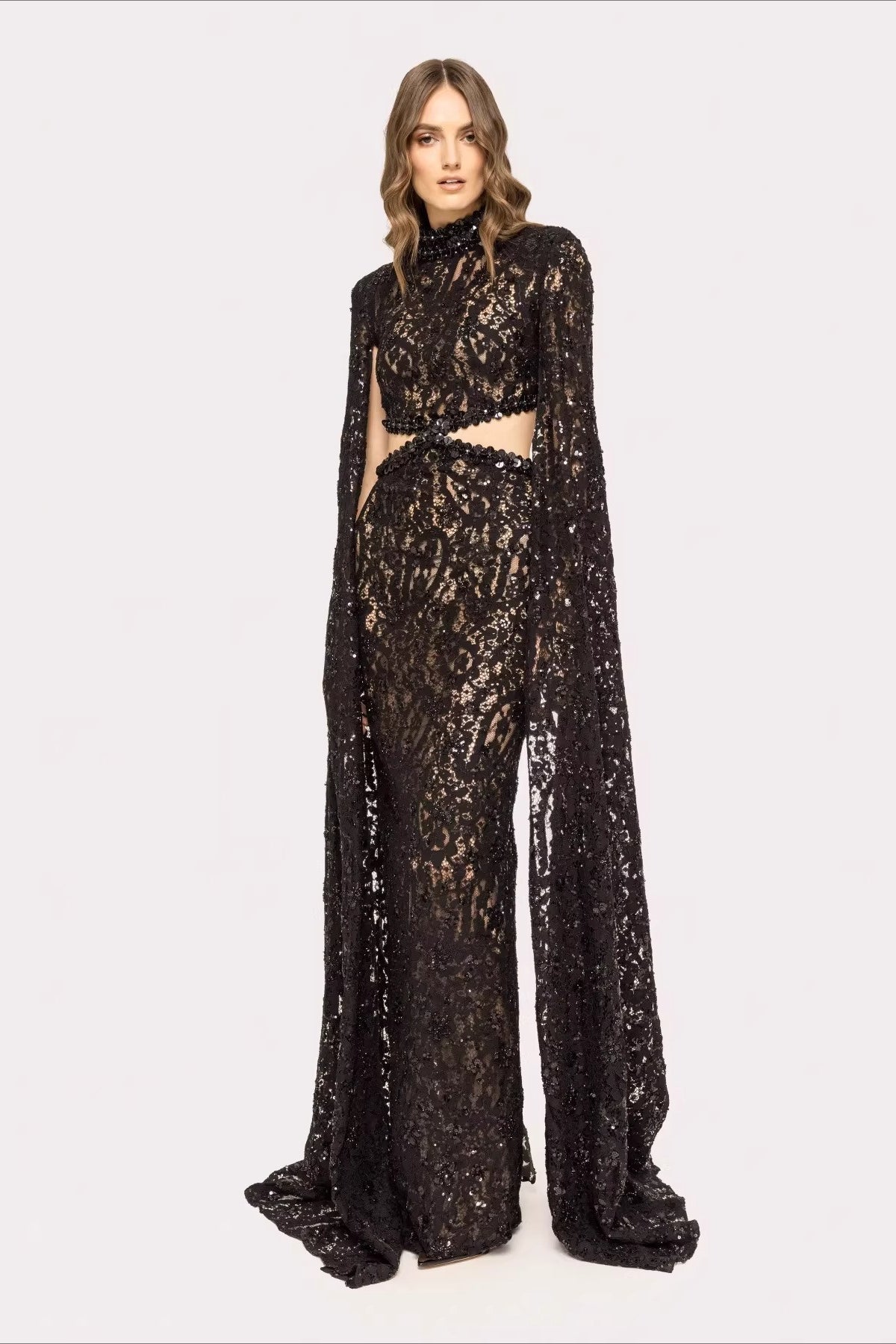 Lace Beaded Sequin Slim Cape Reception Dress