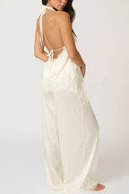 Elegant Morning Satin Lace Trim Halter Tie-up Tank and Elastic Waist Loose Pants Set
