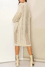 Knit Cable Cotout Long Sleeve Pocket Oversized Midi Cardigan
