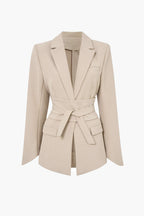 Basic Solid Notched Lapel Belted Blazer
