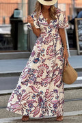 Unique Print V-Neck Waist Holiday Maxi Dress