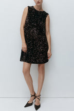 Glam Season Velvet Sequin Back Oversized Bow Design Sleeveless Loose Mini Dress