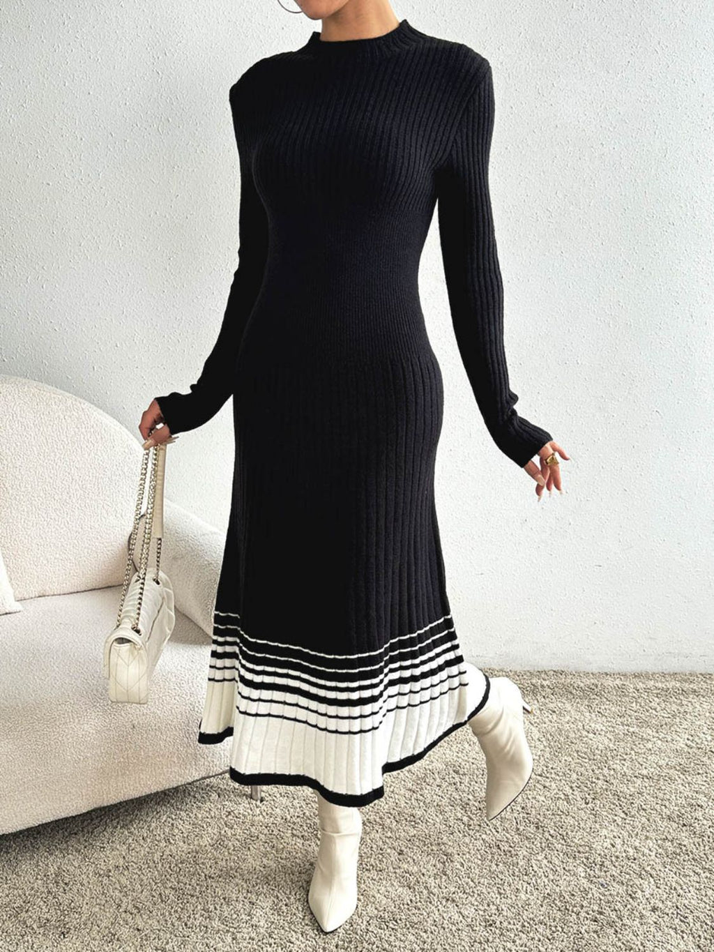 Cristina Contrasting Colored Sweater Relaxed Dress with Premium Casual Styling