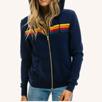 Fleece Lined Colorful Striped Zip Loose Unisex Hoodie