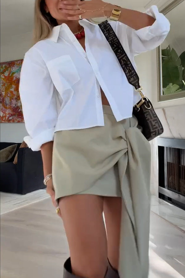 Easy Outfit Idea Long Sleeve Pocket Crop Oversized Fit Blouse