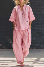 Linen Blend Solid Color V-neck Short-sleeved Loose Top and Elastic Waist Pocket Casual Pants Set