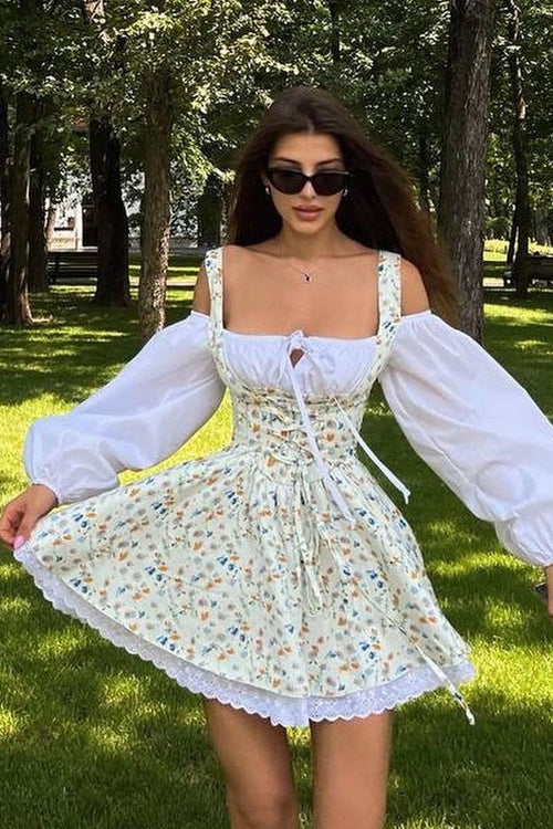 Two Piece Puff Sleeve Strapless Floral Dress