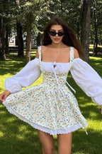 Two Piece Puff Sleeve Strapless Floral Dress