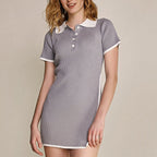 Dark Grey Contrast Trim Rib-Knit Polo Mini Dress