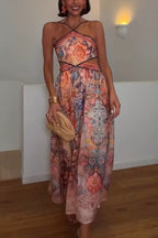 Casie Colorful Floral Print Dress Cutout Waist Back Lace-up Halter Maxi Dress