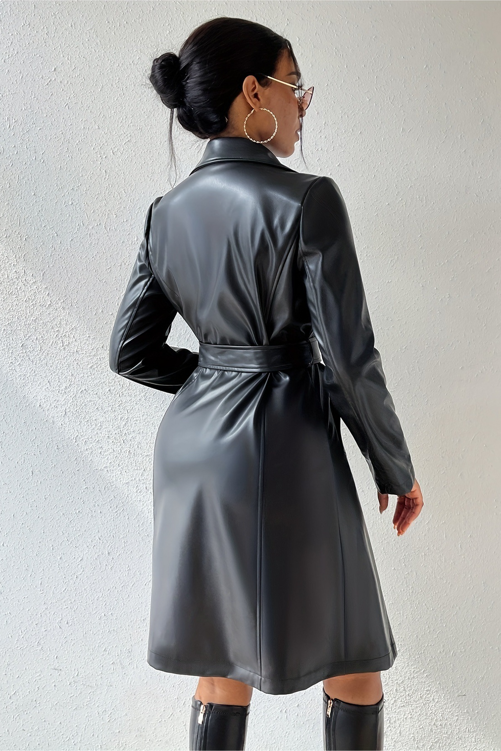 PU Slim Fit Lapel Long Sleeve Overcoat
