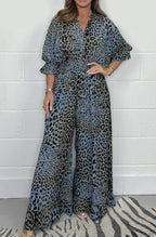 Multi-Color Leopard Print V-Neck Waisted Wide-Leg Jumpsuit