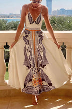 Classic Unique Printed Iinen Sexy V-Neck Bow Tie Waist Maxi Dress