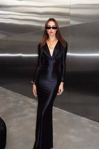 Solid Long Sleeve V-Neck Satin Lurex Elegant Formal Dress