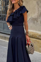 One-Shoulder Ruffled Waist-Tiered Midi Dress