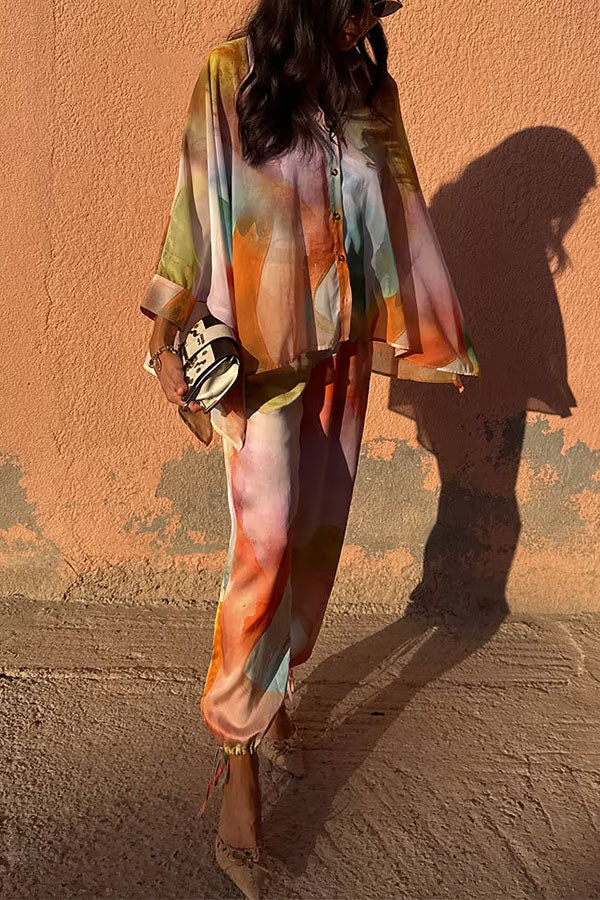 Vacation View Colorful Abstract Print Elastic Waist Pocket Loose Lantern Pants